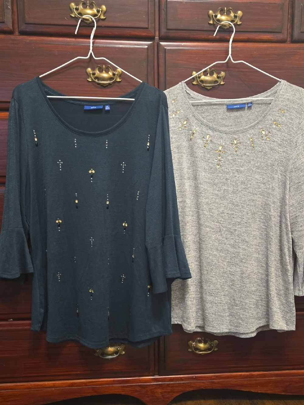 Apt. 9 Dark Green & Light Gray Embellished 3/4 Sleeve Scoop Neck Tops Size XXL